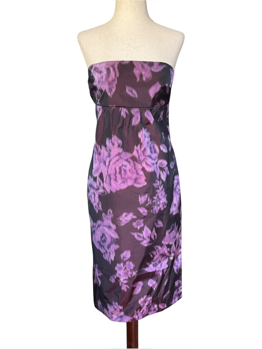 Vintage 90s Mario Balthazar Strapless Purple Floral Taffeta Midi Dress Small
